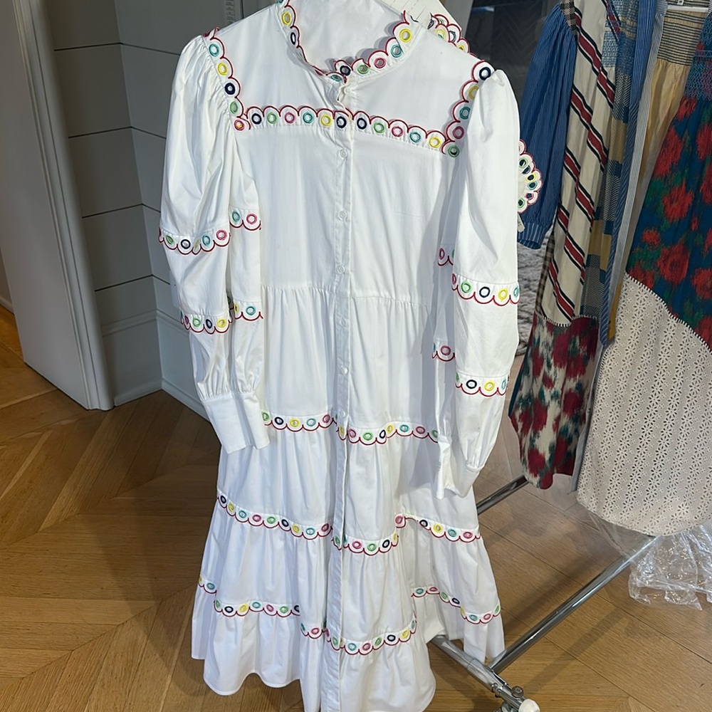Celia B tiered midi dress small pristine white with rainbow eyelet detail
